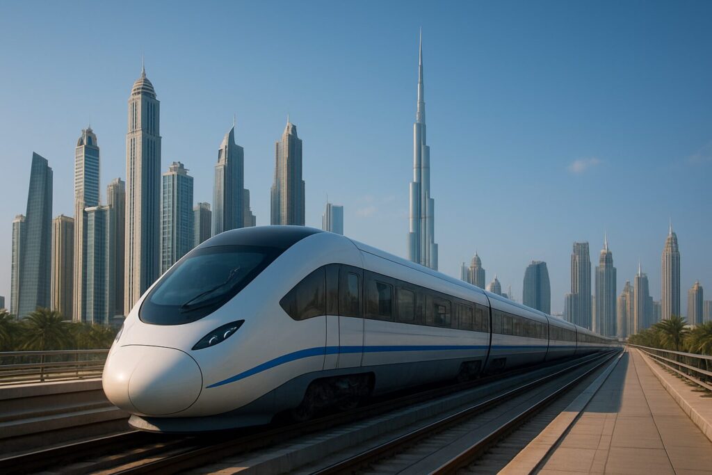 Moderner Hochgeschwindigkeitszug vor der Skyline von Dubai