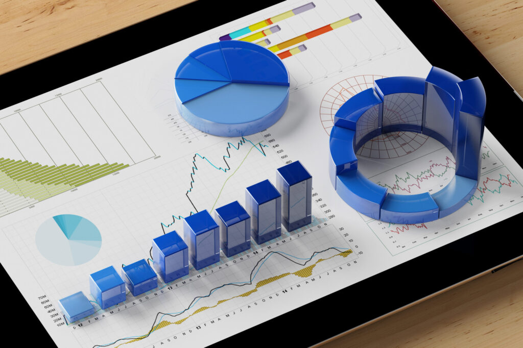 Analyse mit Diagrammen und Kennzahlen auf einem Tablet