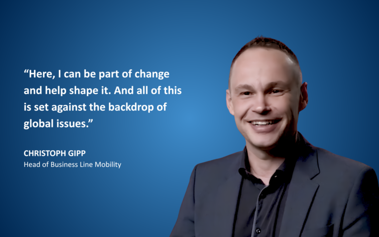 Portrait of Christoph Gipp with quote: “Here, I can be part of change and help shape it. And all of this is set against the backdrop of global issues.”