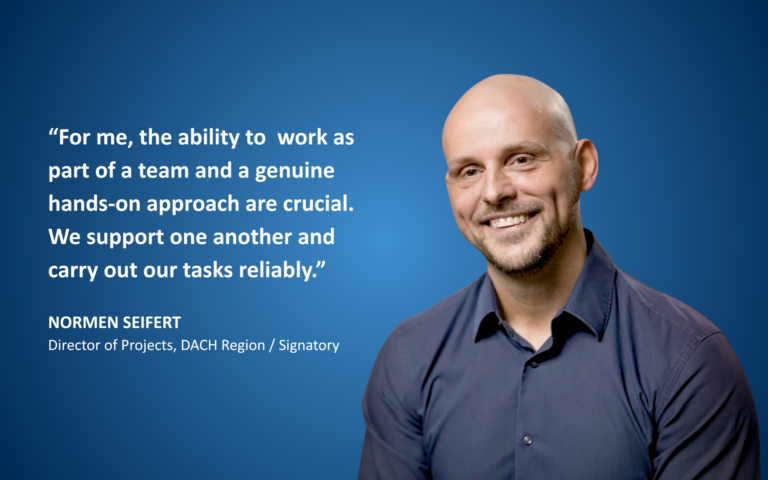 Portrait of Normen Seifert with quote: “For me, the ability to work as part of a team and a genuine hands-on approach are crucial. We support one another and carry out our tasks reliably.”